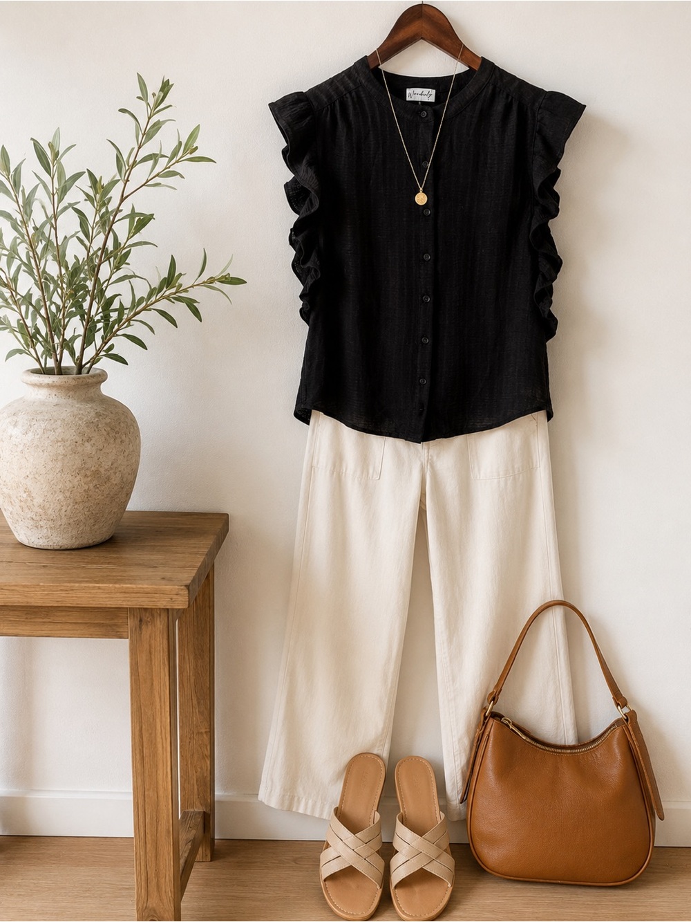 Wonderly Black Ruffle Sleeve Blouse | Button Front | Lightweight | Boho | Size L